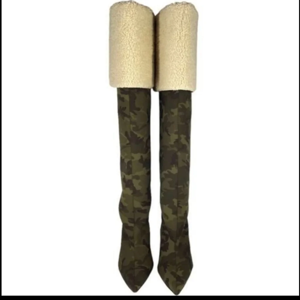 Good American  Sherpa Camo OverThe Knee Boot Heel Sz 7.5